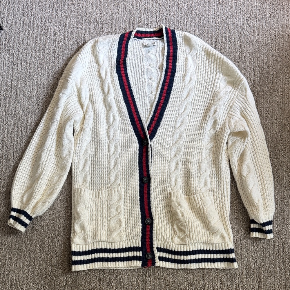 AEO Ivory Knitted Cardigan with Red and Blue Accents